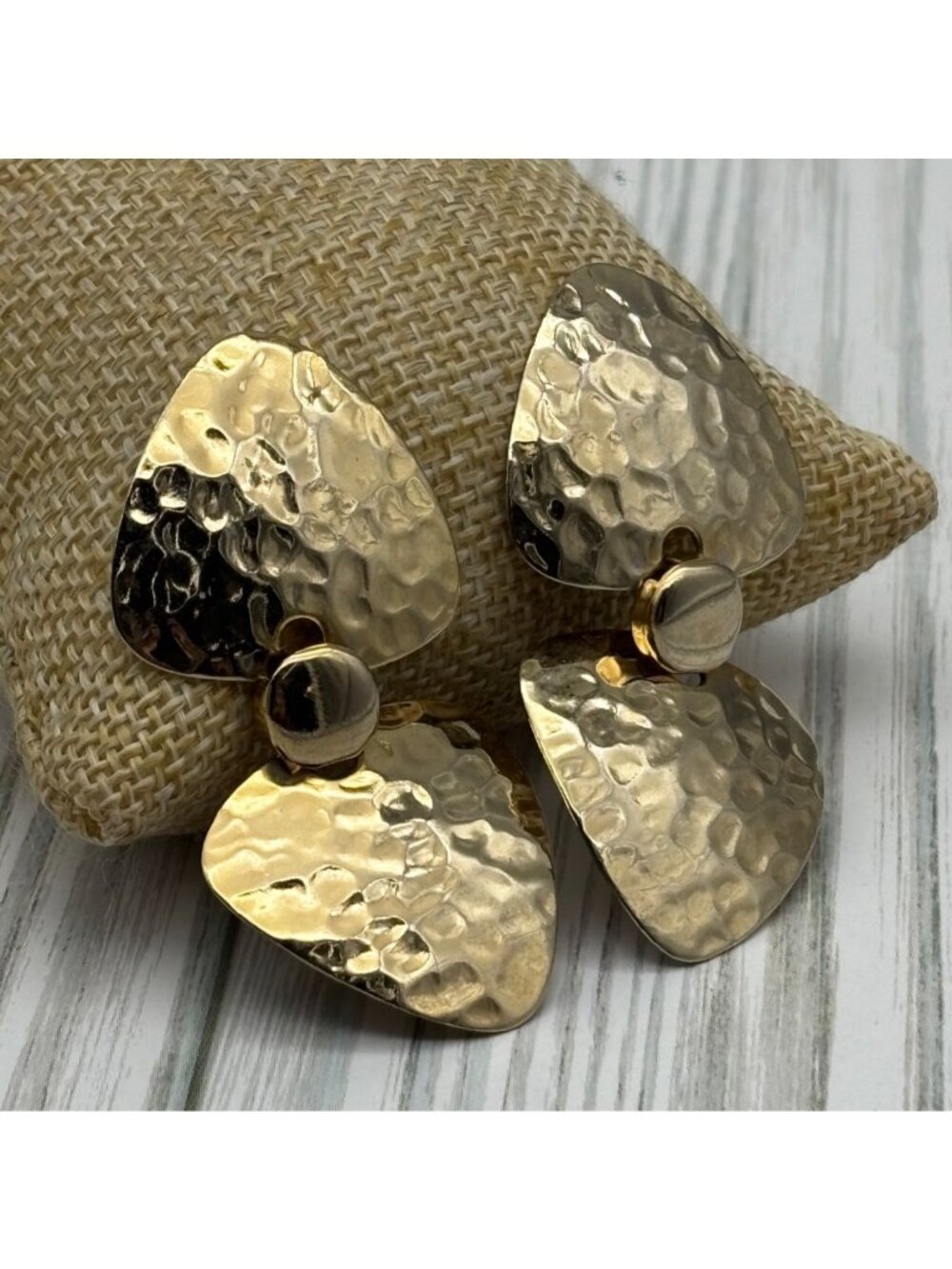 Hammered Gold-Tone Brutalist Dangle Drop Earrings Bold Statement Mirrored 2"